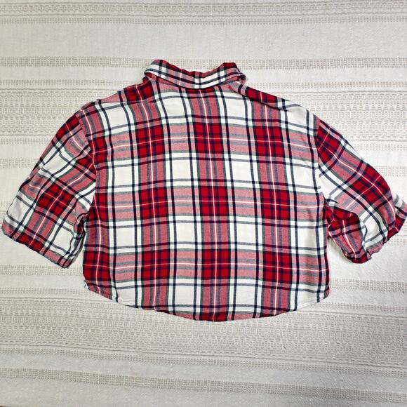 Garage Red Plaid Cropped Flannel Shirt Size M used soft viscose - Picture 2 of 7